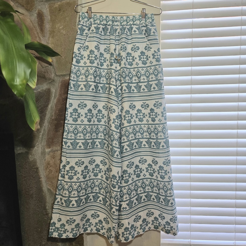 Kivari IMAN Linen Wide Leg Pants Size 4 Green White Boho Fairy Whimsical